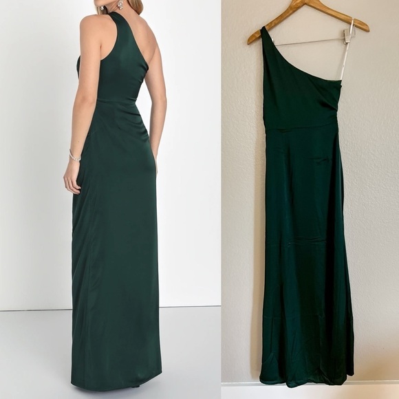 NWOT Dreaming of Elegance Emerald Satin One-Shoulder Maxi Dress - Picture 4 of 8